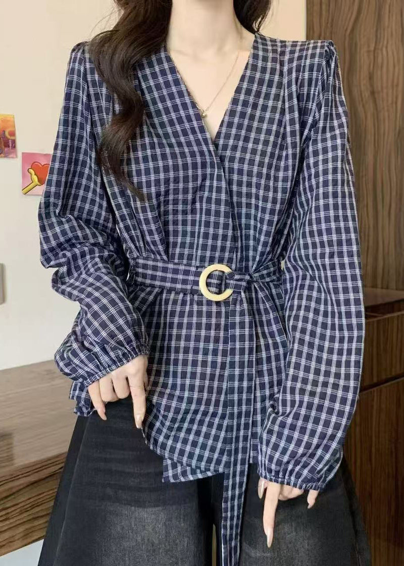 Style Blue V Neck Plaid Lace Up Cotton Shirts Fall