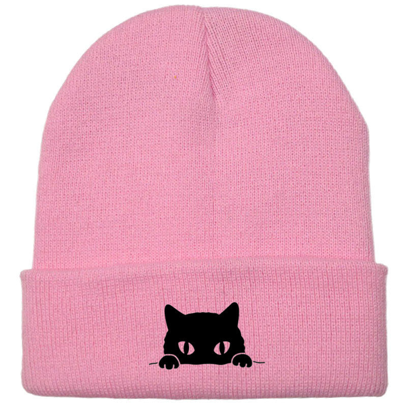Comstylish Unisex Cartoon Black Cat Print Coldproof Knitted Hat