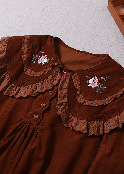 Diy Chocolate Embroideried Button Corduroy Blouses Spring