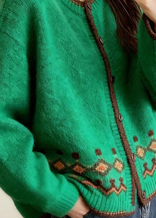 Stylish Green O-neck Print Button Cotton Knit Cardigan Fall