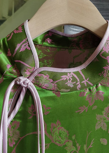 Green Stand Collar Patchwork Jacquard Silk Tops Spring