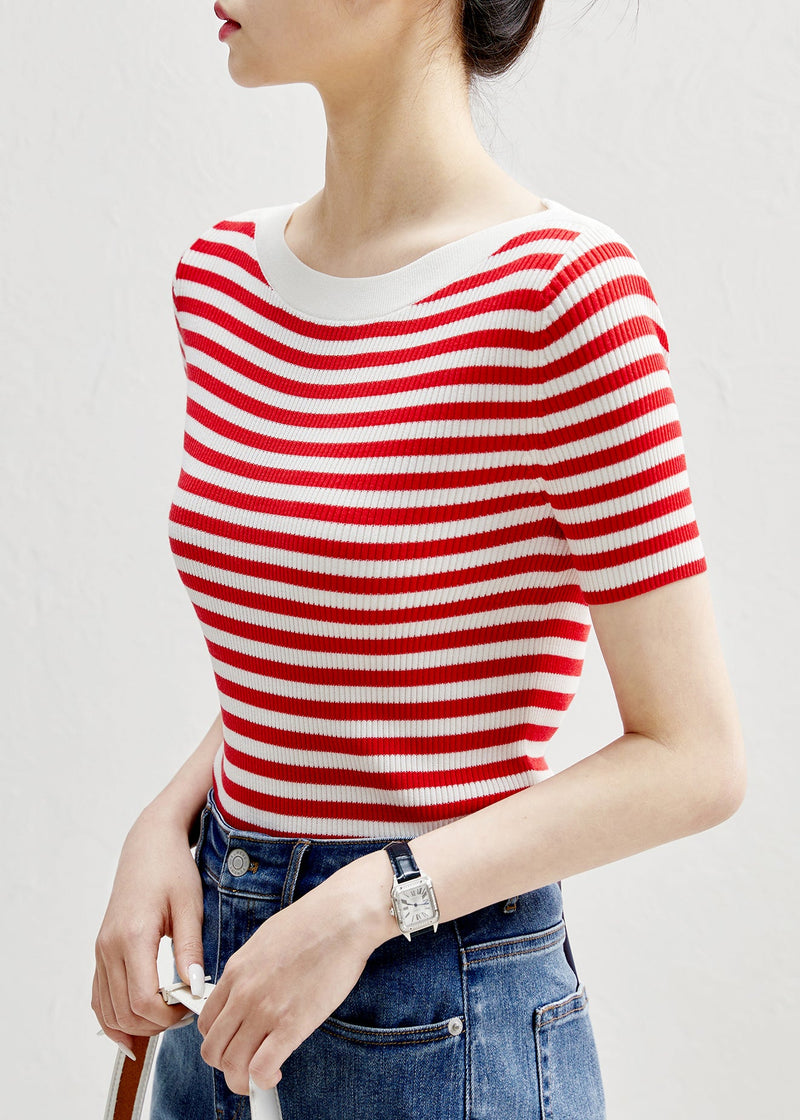 Slim Fit Red Striped O-neck Silk Knit T Shirts Sleeve