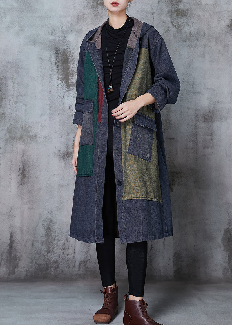 Navy Oversized Patchwork Denim Trench Coats Spring