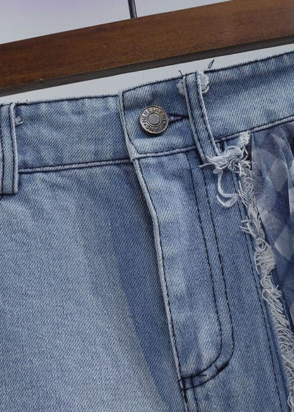 Blue Wrinkled Tulle Patchwork Denim Skirts Spring