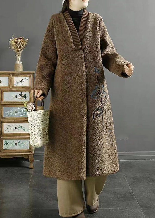 Chocolate Embroideried Chinese Button Faux Fur Coats Winter