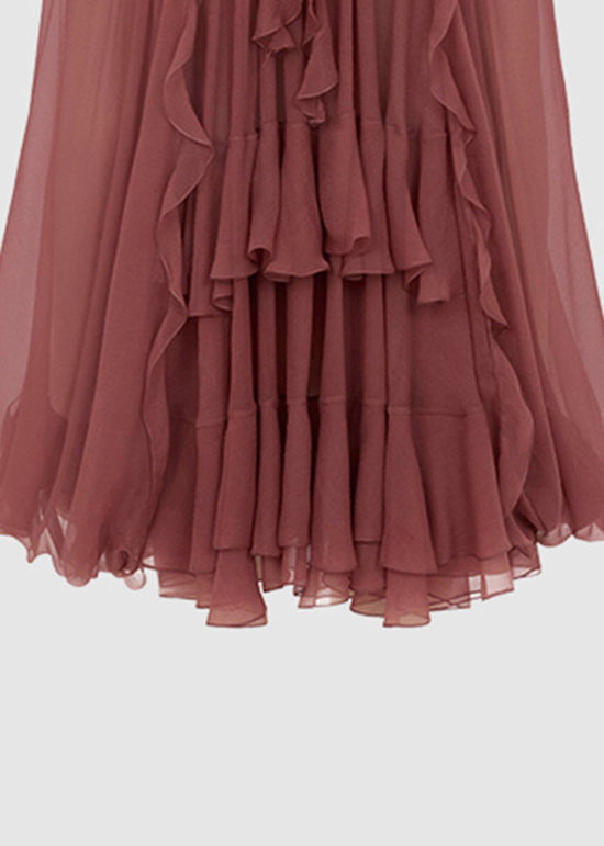 French Brick Red Ruffled Patchwork Chiffon Shirt Tops Spring