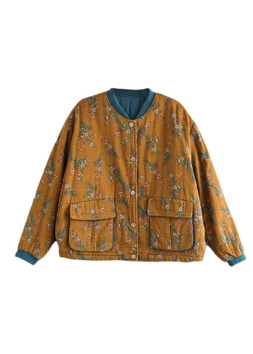 Yellow Print Fine Cotton Filled Coat Stand Collar Long Sleeve Winter