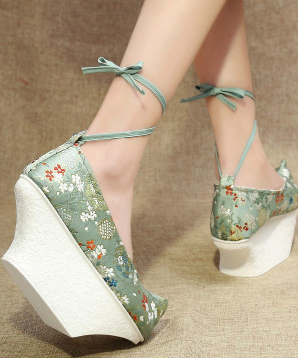 Light Green High Heels Platform Satin Fabric Embroideried Cross Strap High Heels