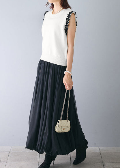 White Patchwork Flower Knit Beach Vest Sleeveless