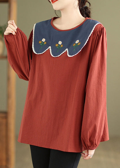 Rust Embroideried Patchwork Cotton Top Fall
