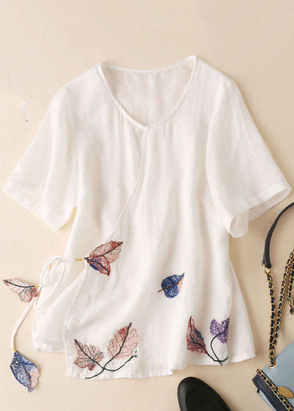 Light Blue V Neck Embroideried Tie Waist Cotton Linen Top Short Sleeve