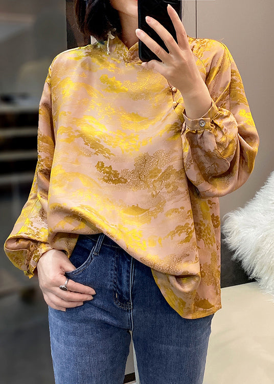 Yellow Mandarin Collar Button Jacquard Silk Top Lantern Sleeve