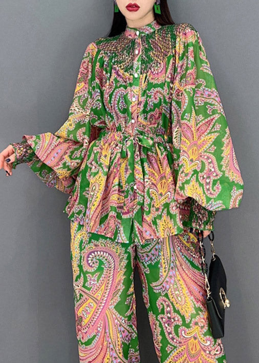 Stand Collar Wrinkled Print Chiffon Shirts and Wide Leg Pants Two Pieces Set Lantern Sleeve
