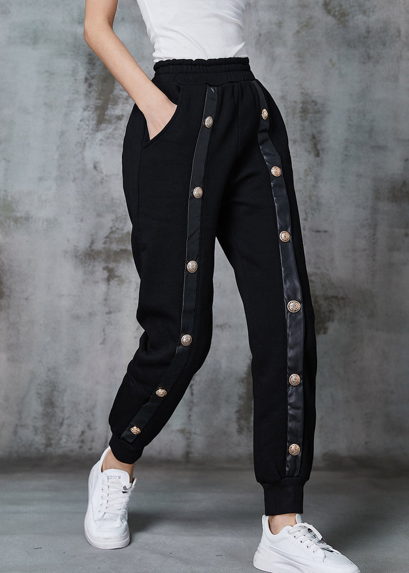 Black Metal Buttons Patchwork Warm Fleece Pants Winter