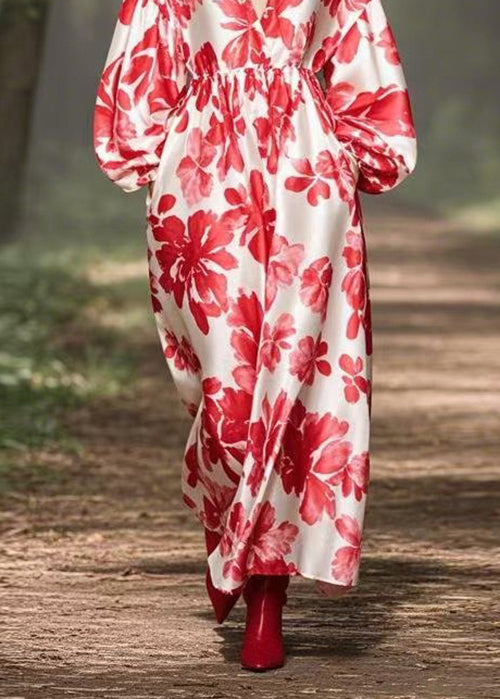 Red V Neck Print Pockets Silk Maxi Dresses Spring