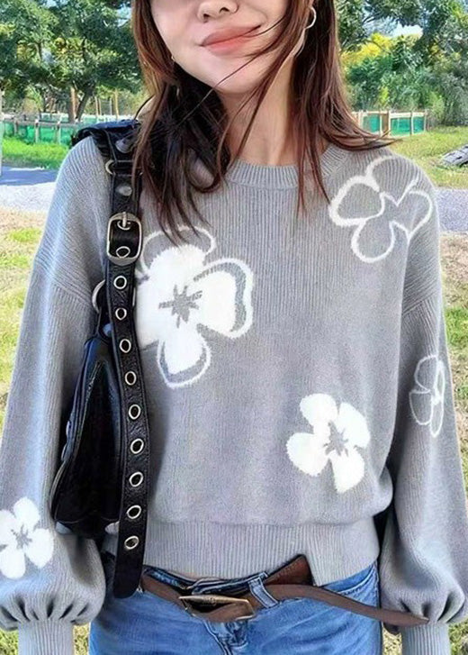 Loose Grey O Neck Knit Sweaters Lantern Sleeve