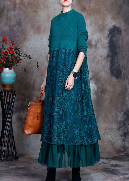 Blue Slim Fit Lace Patchwork Knit Fall Wool Dress