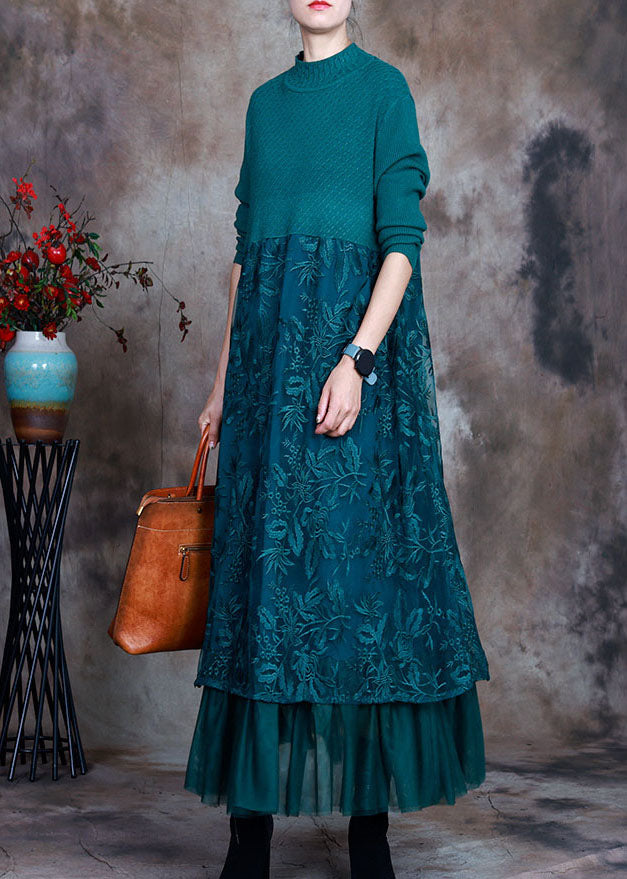 Blue Slim Fit Lace Patchwork Knit Fall Wool Dress