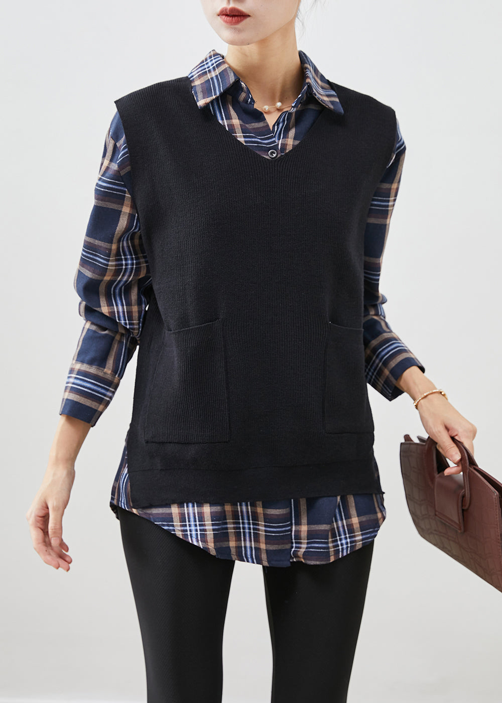 Style Black Plaid Knit Vest and Shirt Two Pieces Set Fall