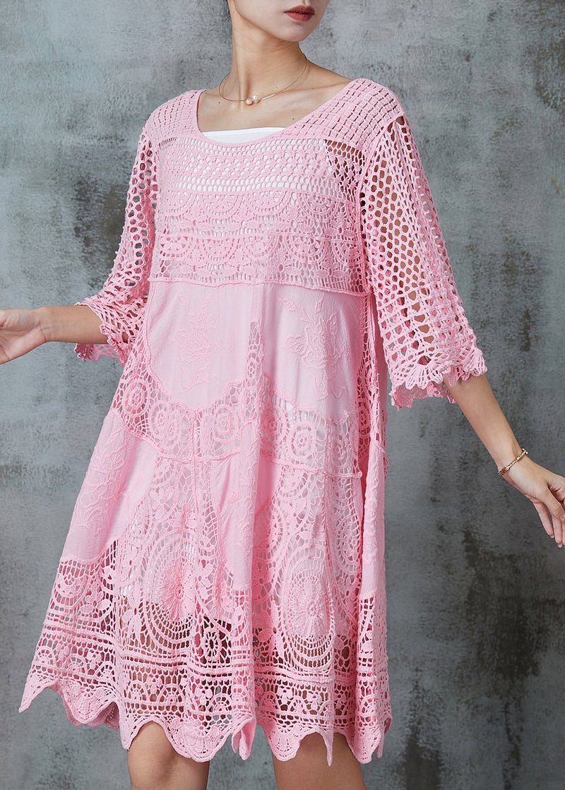 Pink Hollow Out Lace Holiday Dress Summer