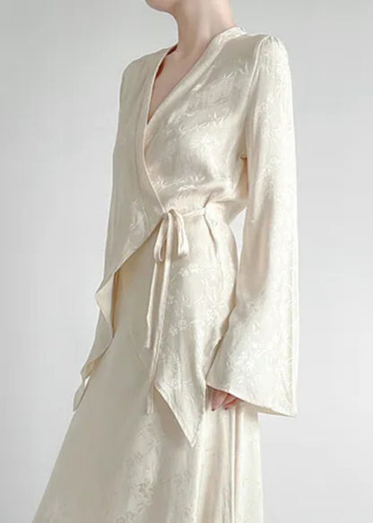 Classy Apricot V Neck Print Tie Waist Shirts Long Sleeve