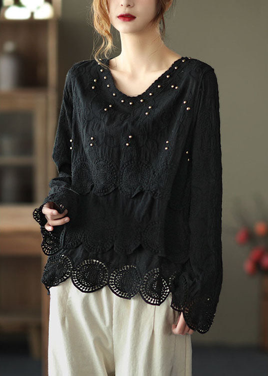 Classy Black V Neck Nail Bead Fall Tops Long Sleeve