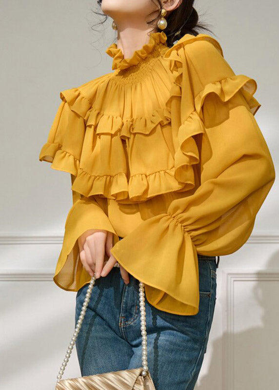French Yellow Turtleneck Ruffled Top Flare Sleeve