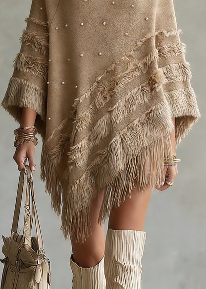 Classy Khaki Asymmetrical Nail Bead Cotton Knit Sweaters Spring