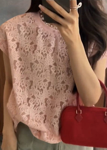 Orange O Neck Hollow Out Lace T Shirt Summer