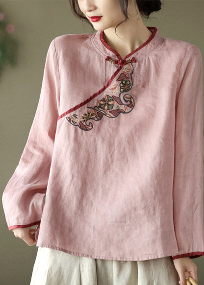 Green Stand Collar Embroideried Button Linen Shirt Long Sleeve