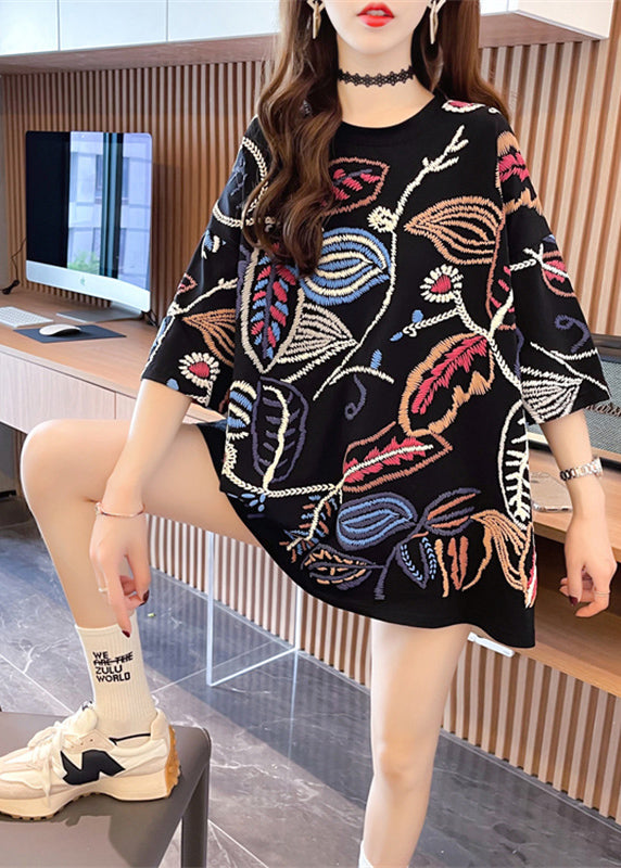 Black O-neck Print Top Summer
