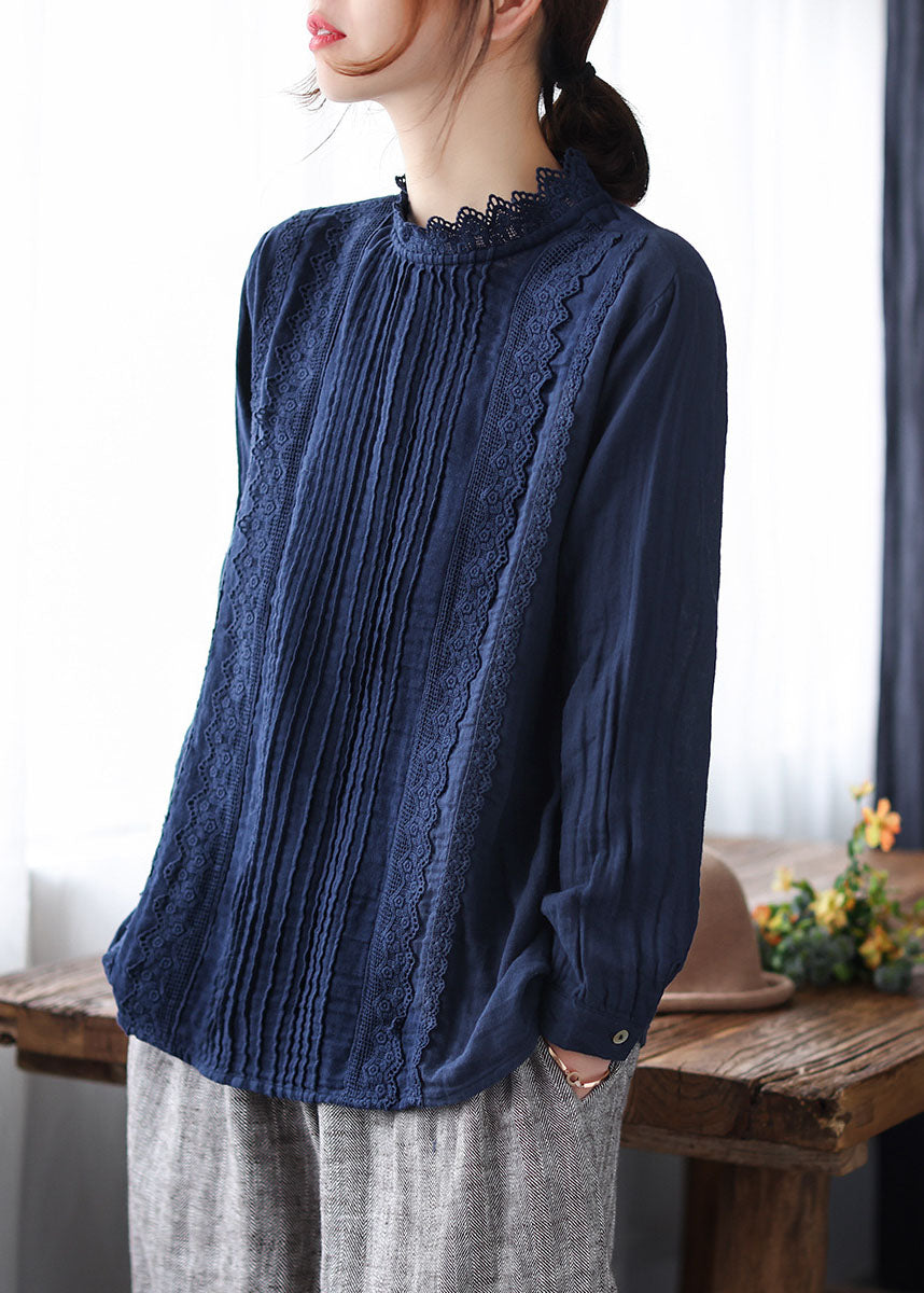 Boutique Navy Lace Patchwork Cotton Top Spring