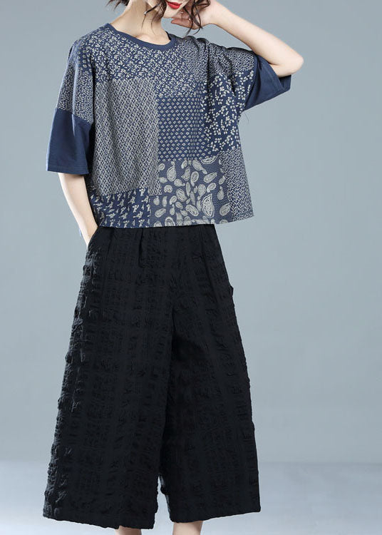 Navy O-neck Patchwork Print Cotton Tanks Half Sleeve
