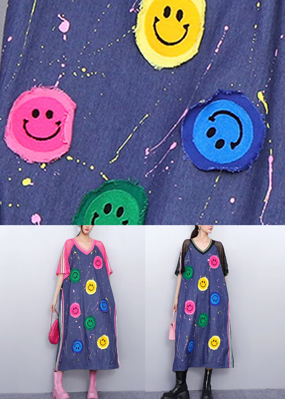 Black Striped Cheerful Smiley Patchwork Denim Summer Long Dress V Neck