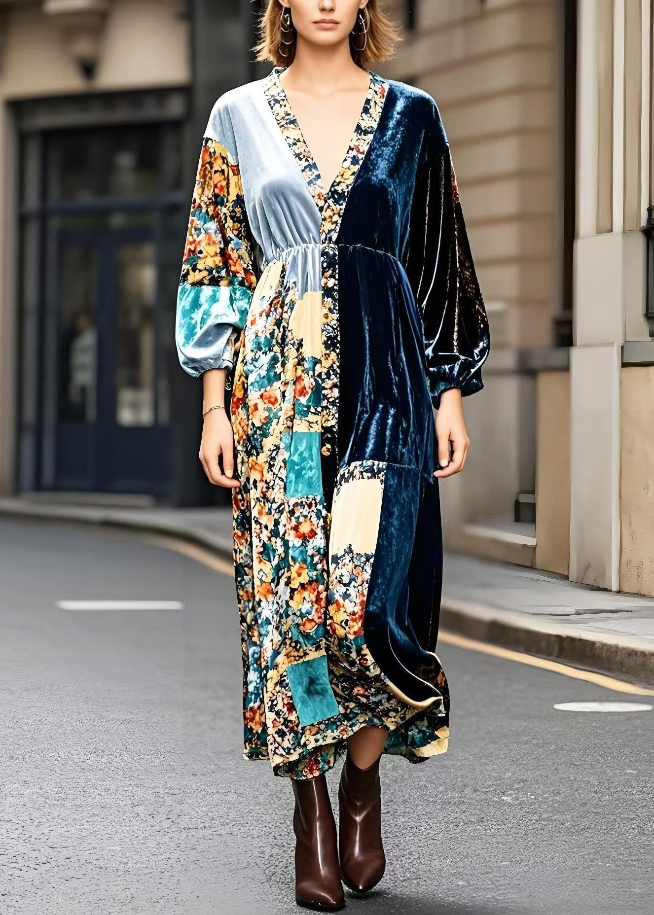 Peacock Blue V Neck Patchwork Print Silk Velour Ankle Dress Fall