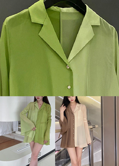 Diy Green Notched Patchwork Chiffon Shirt Spring
