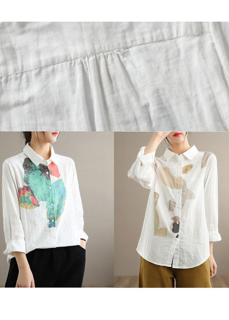 Modern Green Print Blouse Lapel Cinched Tunic Spring Shirts