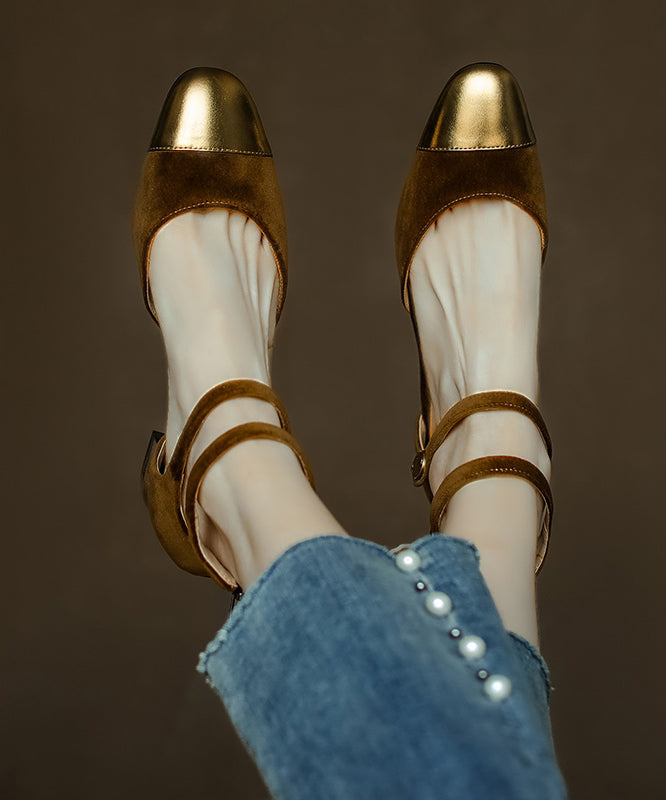 Champagne Velour Splicing Cowhide Leather Chunky Sandals