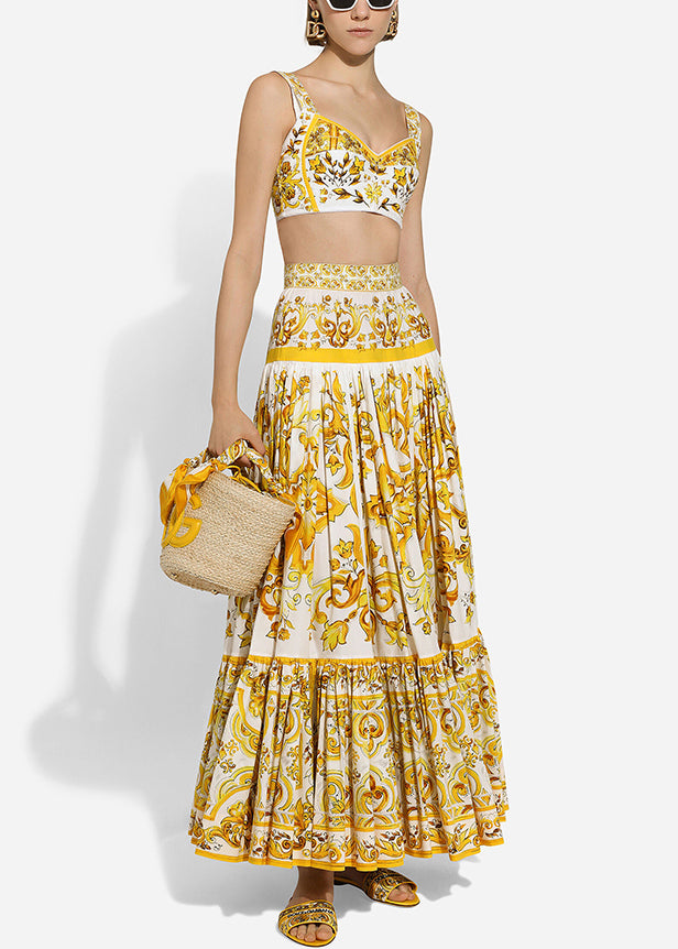Yellow Print Tank and Skirts Cotton Two Pieces Set Sleeveless