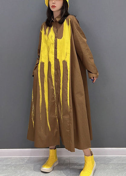 Yellow Oversized Tie Dye Cotton Holiday Dress Fall