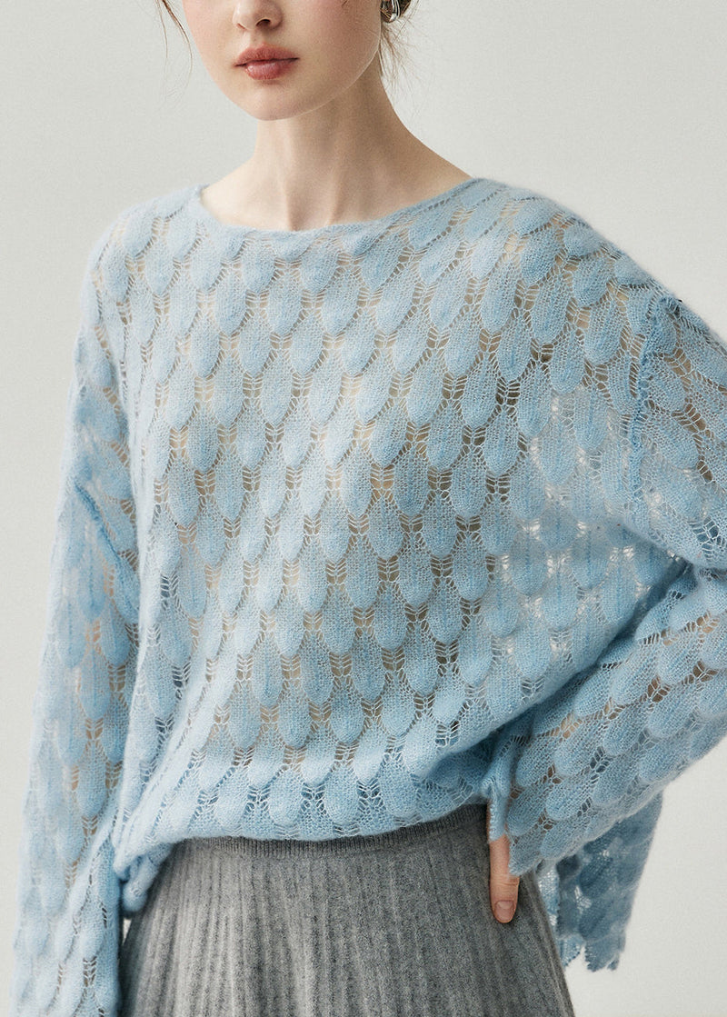 Light Blue Slash Neck Hollow Out Cotton Knit Sweater Fall