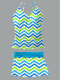 Women's Summer Wave Stripe Printed Casual Suspender Shirred Swimsuit Set