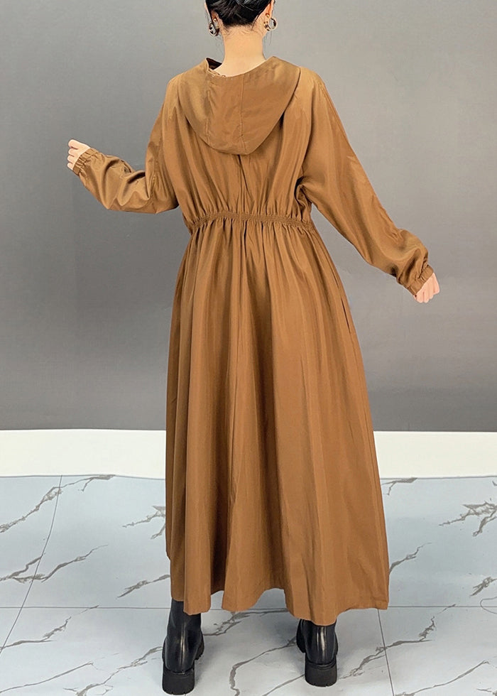 Choco Wrinkled Zippered Maxi Hooded Trench Coat Fall