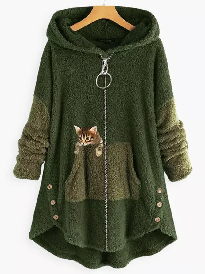 KS | Cozy fleece hooded jacket with adorable cat print