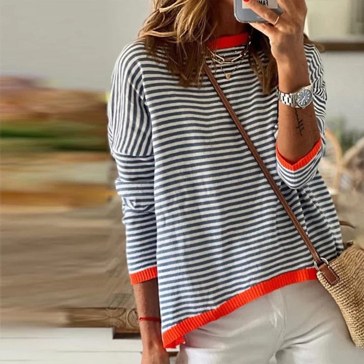 JO | Blue striped sweater with orange trim