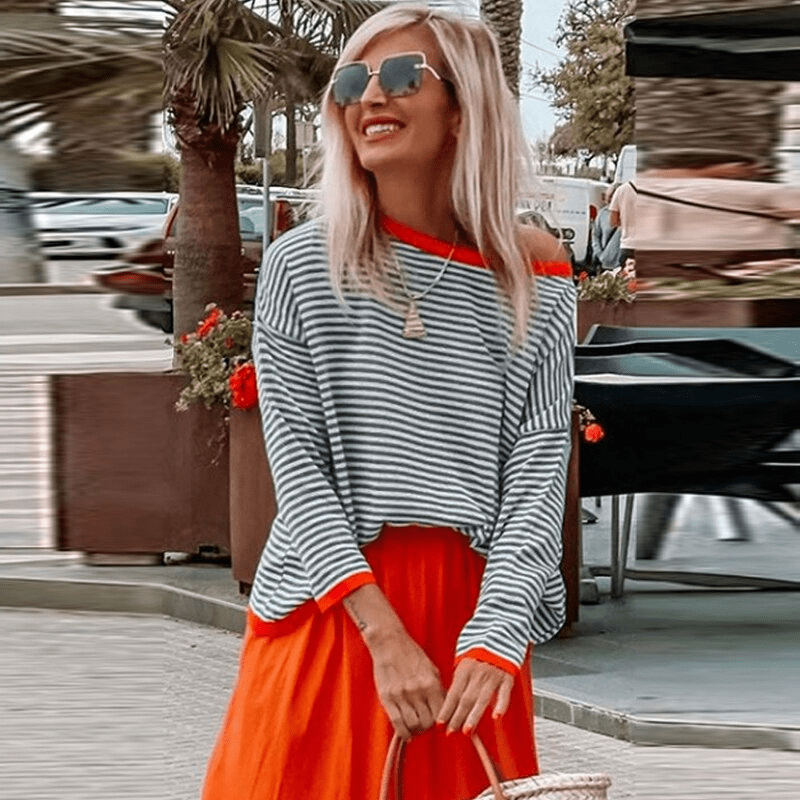 JO | Blue striped sweater with orange trim
