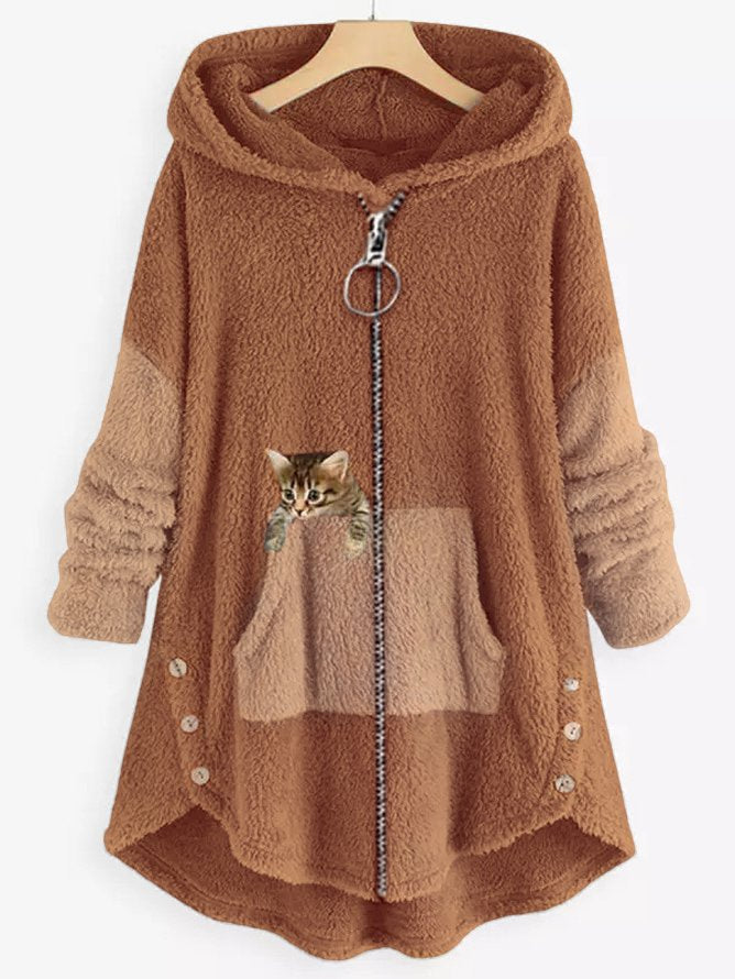 KS | Cozy fleece hooded jacket with adorable cat print