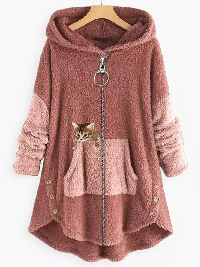 KS | Cozy fleece hooded jacket with adorable cat print