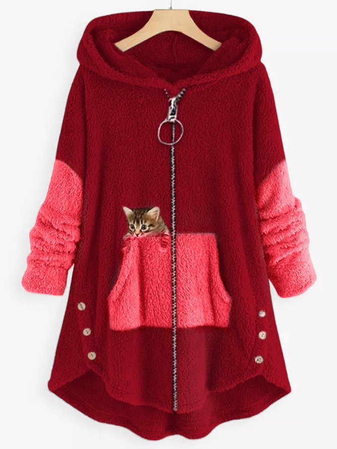 KS | Cozy fleece hooded jacket with adorable cat print