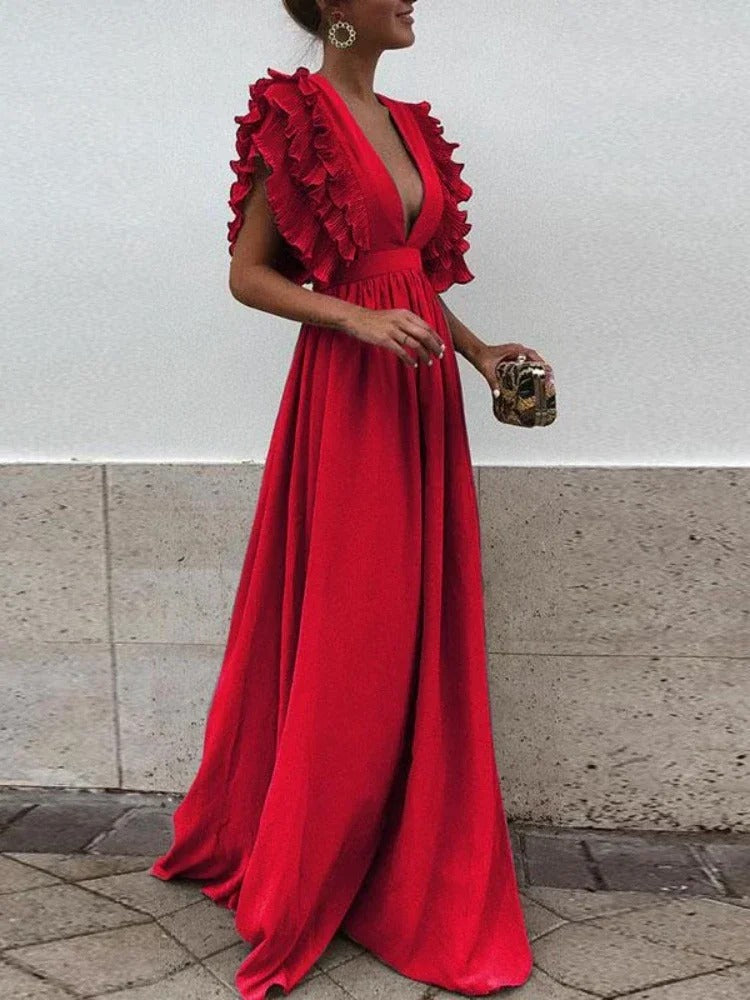 KS | Elegant dress with V-neck and ruffled sleeves